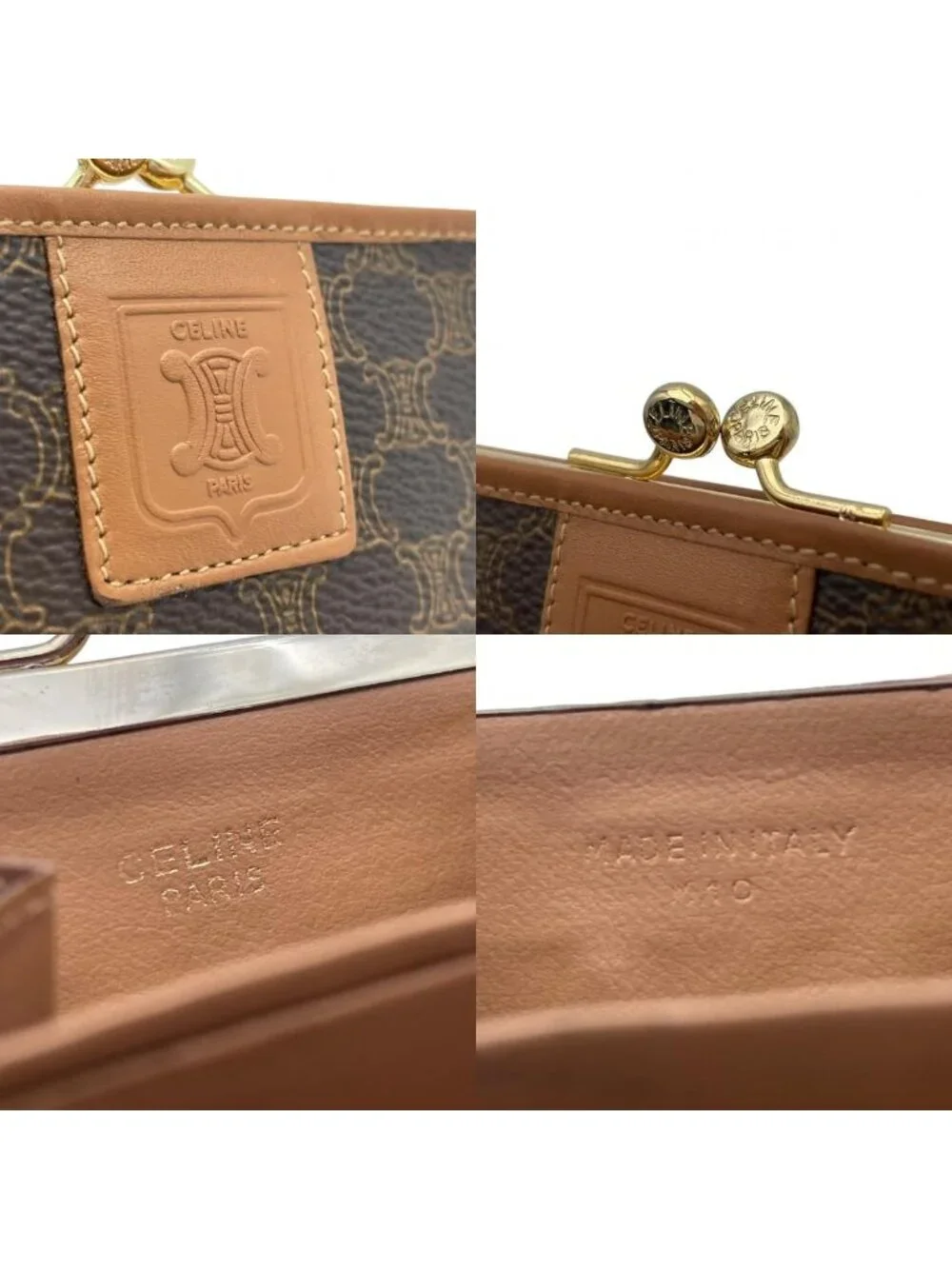 Celine Macadam Pattern Kiss Lock Bifold Wallet Vintage Mini Leather Brown Gold